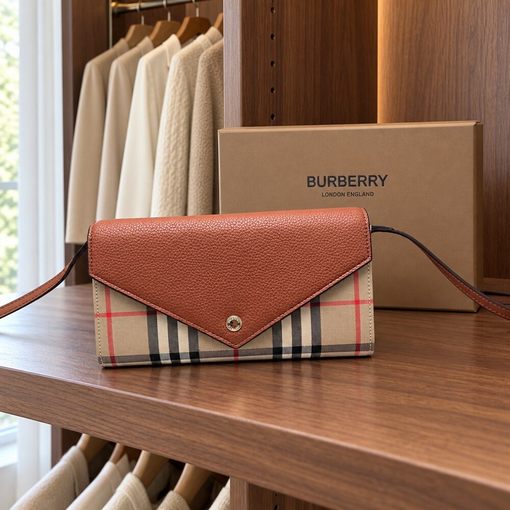 Burberry Vintage Check Envelope Wallet in Tan Leather